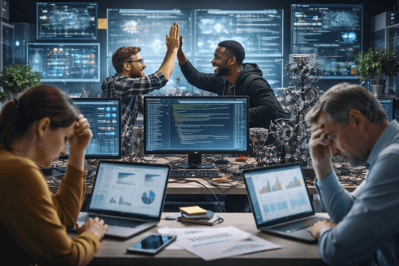 Team working in a busy delivery environment, representing CRM implementations driven by features rather than business outcomes.