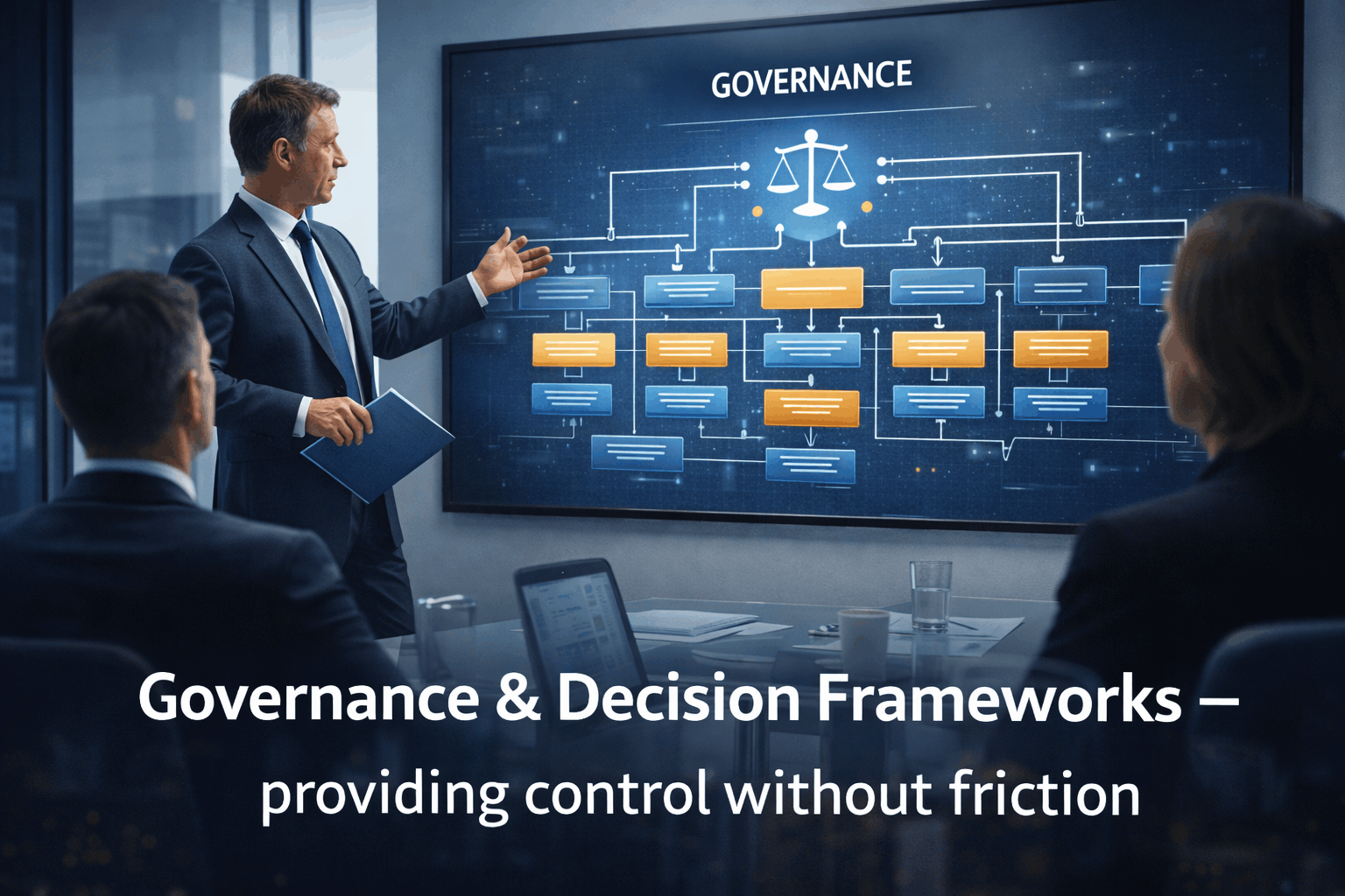 Leadership team reviewing governance frameworks to support accountable and consistent CRM decisions.