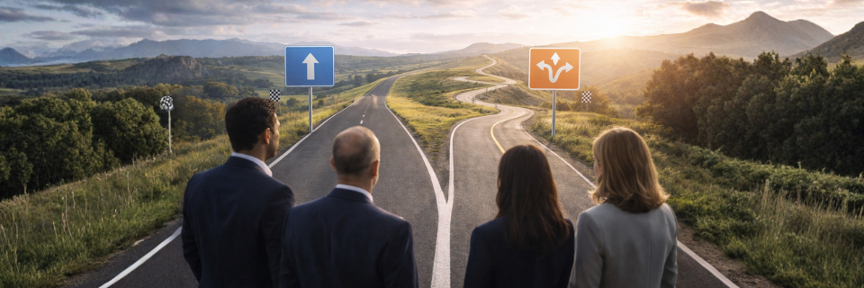 Executives standing at a crossroads on an open road, symbolizing strategic choices and business direction planning.