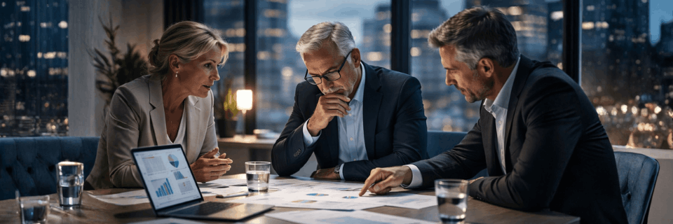 Senior advisors reviewing data and reports together to reach a difficult business decision.