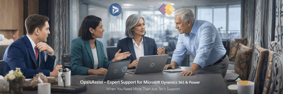 Senior advisors working with a client team around laptops, representing expert support for Microsoft Dynamics 365 and Power Platform decisions.