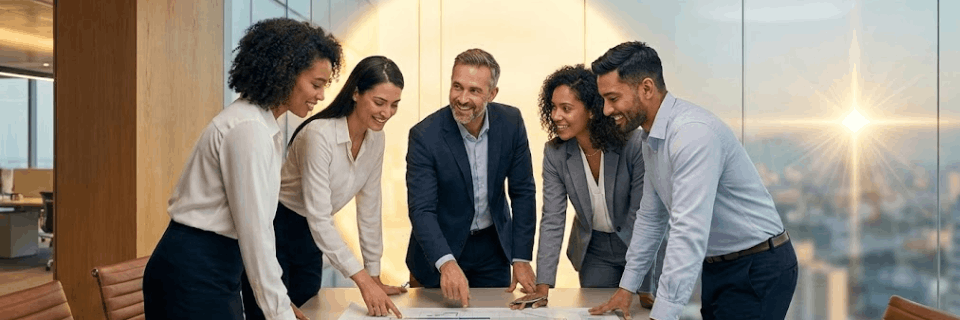 Leadership team working together around a table to stabilise and refocus a CRM programme during organisational change.