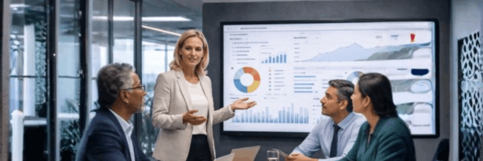 Advisor presenting CRM insights and dashboards to leaders, supporting clear, confident decision-making.
