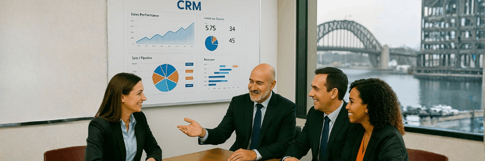 Advisors and executives reviewing CRM performance dashboards together, illustrating flexible engagement and ongoing oversight.