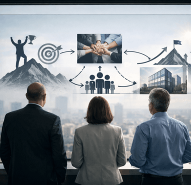 Leadership team looking ahead at a visual map of goals and outcomes, representing alignment on what success means before delivery begins.