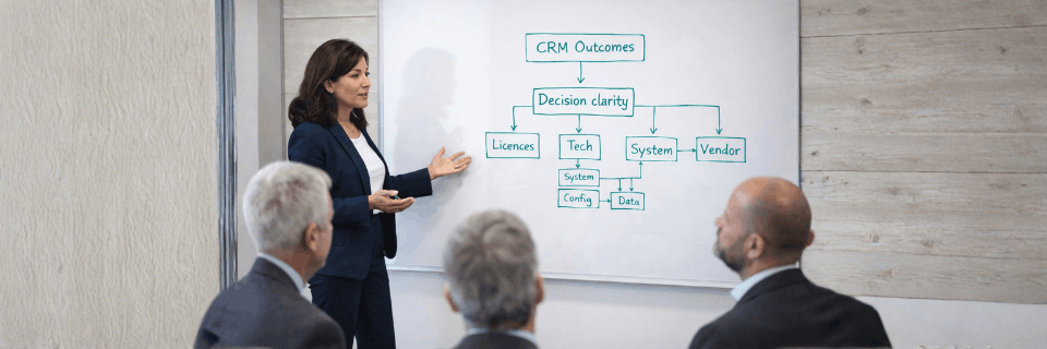 Consultant explaining decision clarity before commitment, showing how governance links CRM outcomes to systems and vendors.