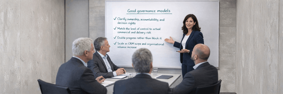 Advisor presenting good governance models to executives, highlighting accountability, decision rights, and scalable structures.